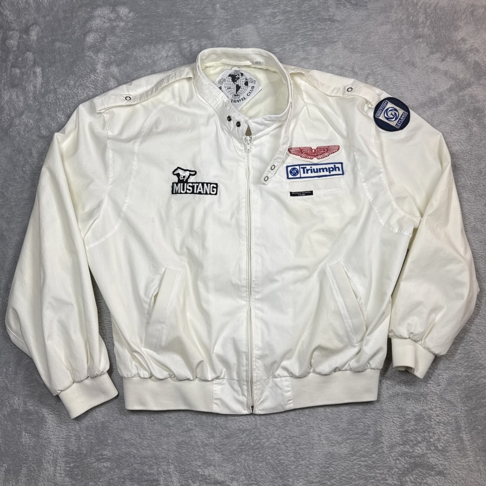 Vintage World Travel Club Bomber Jacket Men XL White Racer Patched 80s 90s